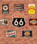 Badass Vintage Metal Tin Signs Retro Garage Wall Decor For Guys Classic Auto Shop Posters Gas Station Art Sweet Man Cave Must Haves Slick 5 Piece Set 8X12 Inch displayed on a brick wall.