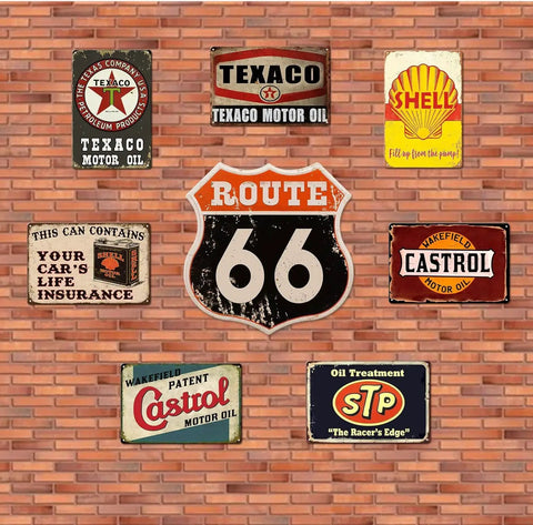 Badass Vintage Metal Tin Signs Retro Garage Wall Decor For Guys Classic Auto Shop Posters Gas Station Art Sweet Man Cave Must Haves Slick 5 Piece Set 8X12 Inch displayed on a brick wall.