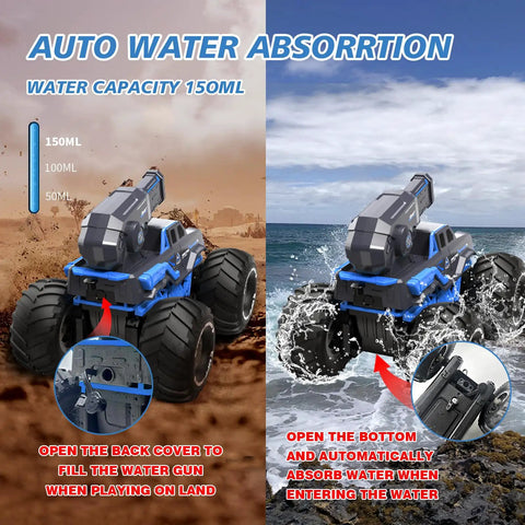 Three In One RC Monster Truck Boat With Water Gun demonstrating auto water absorption feature in split land and water view