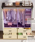 4 Door Armoire Wardrobe With Sliding Barn Doors LED Lighting Drawers And Hanging Rod Freestanding Wooden Closet in Antique White Finish with open doors showing organized clothing, drawers, and shelves in bedroom setting