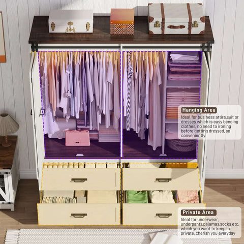 4 Door Armoire Wardrobe With Sliding Barn Doors LED Lighting Drawers And Hanging Rod Freestanding Wooden Closet in Antique White Finish with open doors showing organized clothing, drawers, and shelves in bedroom setting