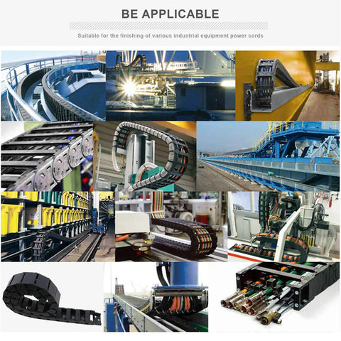 Collage of Two Pack Nylon Drag Cable Chains 18x37mm Semi Closed Wire Carriers in industrial settings, emphasizing flexibility and protection.