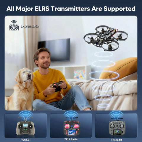 Man controls Ultra Light 1S Brushless Whoop FPV Drone For Indoor Freestyle 80mm Micro Quadcopter in living room with ELRS support.