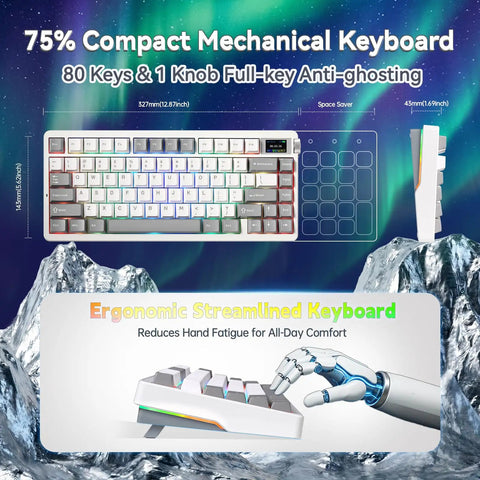 75% compact Tri Mode Wireless Mechanical Gaming Keyboard Hot Swap Linear Switches Bluetooth Two Point Four G And Usb C with ergonomic design.