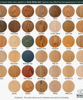 Color swatches on solid white oak, showing various shades from Rubio Monocoat, including Slate Grey for wood finishes.
