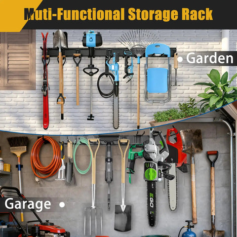 Heavy Duty Garage Wall Organizer With 700 Pound Capacity And 48 Inch Wide Wall Mount Tool Rack For Garden And Workshop Space Saving Storage shown mounted with tools in garage and garden