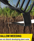 Heavy Duty Garden Hoe With Adjustable 62 Inch Long Handle Hula Hoe Cultivator showing shallow weeding near plant roots