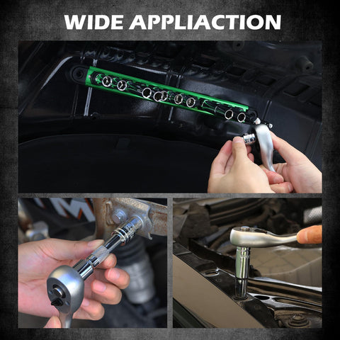 Hands using 12 Piece One Quarter Inch And Three Eighth Inch Drive Ten Millimeter Socket Set with Magnetic Storage Rail in car