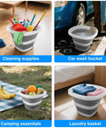 Different uses of 5L Collapsible Bucket With Handle For Car Wash And Cleaning, Foldable Mop Bucket shown in indoor and outdoor settings