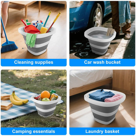 Different uses of 5L Collapsible Bucket With Handle For Car Wash And Cleaning, Foldable Mop Bucket shown in indoor and outdoor settings