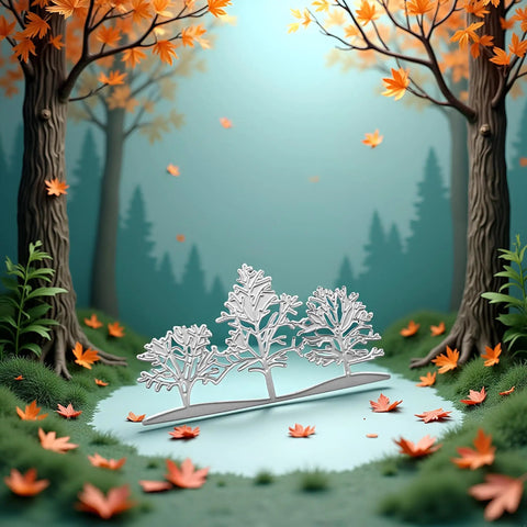 Silver Tree Metal Die Cuts Set For Card Making And Scrapbooking in a forest theme cutting dies and embossing stencil scene.