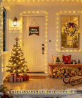 Front porch decorated with Christmas lights and wreath, featuring a lit tree and gifts, showcasing 2 Pack Outdoor Solar String Lights With 33 Feet Copper Wire
