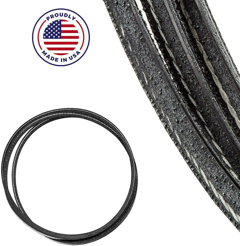Premium Engineered Rubber Metal Cutting Drive Belt High Strength Motor Replacement Belt close-up with circular belt and USA badge.