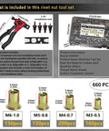 Pro Grade Hand Rivet Nut Tool With A Hella Solid 660 Piece Metric Thread Insert Assortment In Four Essential Sizes, includes carbon steel tool and threaded inserts.