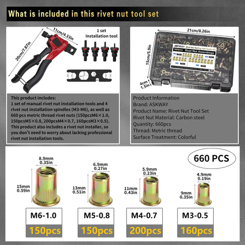 Pro Grade Hand Rivet Nut Tool With A Hella Solid 660 Piece Metric Thread Insert Assortment In Four Essential Sizes, includes carbon steel tool and threaded inserts.
