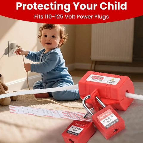 Industrial Grade Electric Plug Lockout Device for 110V to 125V Cords with childproof lock in living room setup