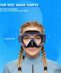 Woman wearing Three Window Panoramic Snorkel Mask for Grown Ups with Anti Fog Scratch Resistant PC Lenses and Liquid Silicone Skirt