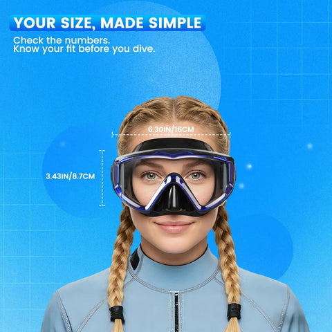 Woman wearing Three Window Panoramic Snorkel Mask for Grown Ups with Anti Fog Scratch Resistant PC Lenses and Liquid Silicone Skirt