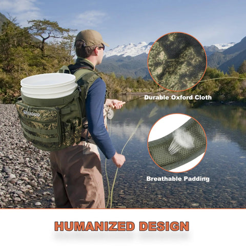 Person wearing Five Gallon Bucket Backpack with Rod and Pliers Holder and Multiple Pockets for Fishing in Camouflage by river.