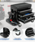 Heavy Duty 3 Drawer Tool Chest Rolling Mechanic Seat With Smooth Roll Tool Trays Ultimate Two In One Shop Stool Hauls 350 Pounds, showing drawers and tools.