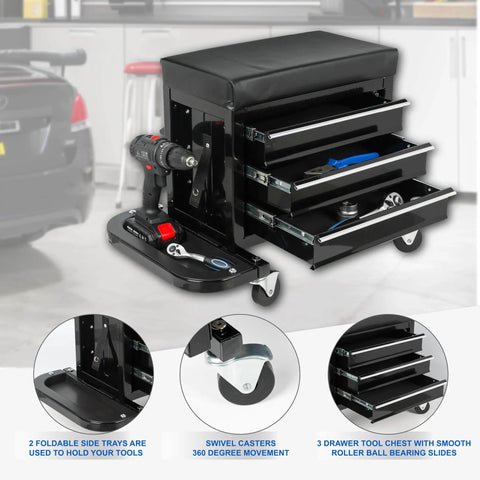 Heavy Duty 3 Drawer Tool Chest Rolling Mechanic Seat With Smooth Roll Tool Trays Ultimate Two In One Shop Stool Hauls 350 Pounds, showing drawers and tools.