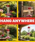Ruby Red Hummingbird Feeder With Four Flower Shaped Feeding Ports Glass Outdoor Bird Feeder 10 Ounce Nectar Capacity Built In Ant Moat Attract More Hummingbirds Easy Clean Durable Garden Decor showing various installations in garden settings.