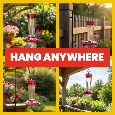 Ruby Red Hummingbird Feeder With Four Flower Shaped Feeding Ports Glass Outdoor Bird Feeder 10 Ounce Nectar Capacity Built In Ant Moat Attract More Hummingbirds Easy Clean Durable Garden Decor showing various installations in garden settings.