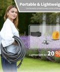Heavy Duty 50 Foot Braided Garden Hose With Lightweight Flexible Design Kink Resistant And Tangle Free Leak Free Connections Swivel Handle Male To Female Fittings Triple Layer Hybrid Material Durable Grey, woman carrying coiled hose
