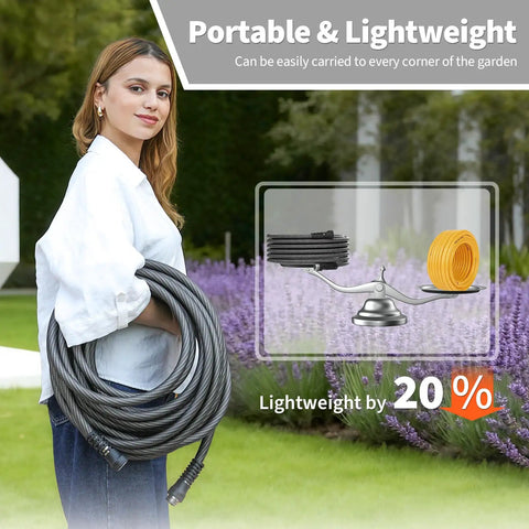 Heavy Duty 50 Foot Braided Garden Hose With Lightweight Flexible Design Kink Resistant And Tangle Free Leak Free Connections Swivel Handle Male To Female Fittings Triple Layer Hybrid Material Durable Grey, woman carrying coiled hose