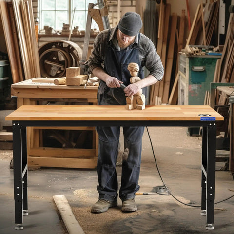 Adjustable Garage Workbench With Rubber Wood Top Heavy Duty Steel Frame Five Height Settings From About Thirty To About Thirty Eight Inches Built In Power Outlets Leveling Feet 1500 Lb Load Capacity For Your Home Workshop with person woodworking