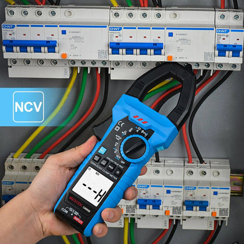 Hand holding Pro Grade Inrush Clamp Meter Multimeter 1000A True RMS 6000 Counts AC DC Current And Voltage Tester in electrical panel