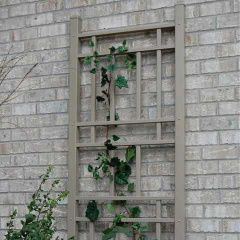 Sturdy No-Fuss Indoor And Outdoor Garden Trellis With Ground Anchors For Vines, climbing plants attached on beige trellis.