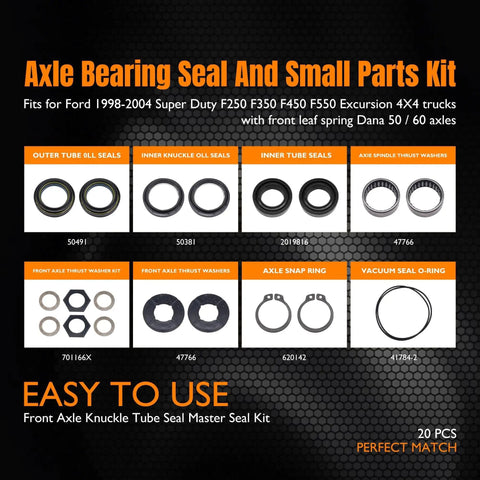 Beefed Up Outer Axle Knuckle Tube Seal Kit With Inner Seal Snap Ring Needle Bearing And Thrust Washer For Ford trucks displayed