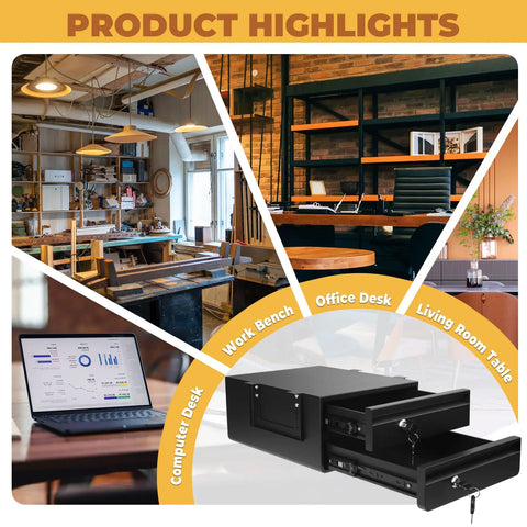 Premium Steel Double Under Desk Drawer With Slick Ball Bearing Rollers And Solid Deadbolt Lock For Zero Hassle Workspace Organization That Clamps Under Desks showing versatile usage under various desks.