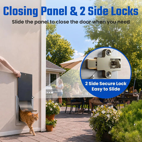 All Aluminum Pet Door For Wall Built Tough With A Heavy Duty Reinforced Frame showing closing panel and side locks in use.