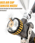 Pro Grade HVLP Mini Air Spray Gun For Clearcoat Touch Ups With Precision Stainless Steel Nozzle 150 Ml Cup showing brass air cap and stainless nozzle.