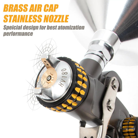 Pro Grade HVLP Mini Air Spray Gun For Clearcoat Touch Ups With Precision Stainless Steel Nozzle 150 Ml Cup showing brass air cap and stainless nozzle.
