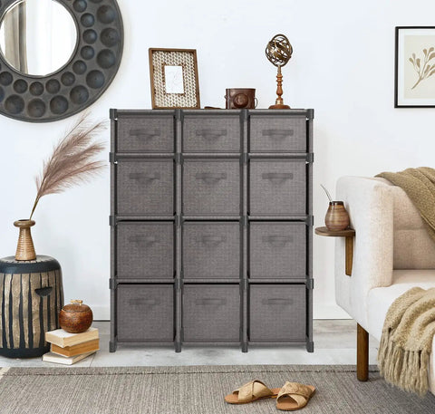 12 Cube Storage Organizer Set With Fabric Cubes And Steel Frame Dope Build Sturdy DIY Cube Shelves For Bedroom Playroom Dorm Or Office Neutral Gray With Included Bins For Easy Clutter Control in living room setting