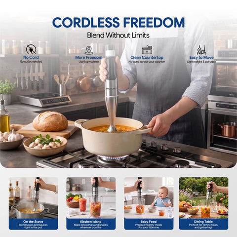 Handheld Cordless Immersion Blender With Smart Speed Settings And Whisper Quiet Motor For Easy Soup And Smoothie Blending Hassle Free Kitchen Essential Rechargeable Design in use blending soup in a pot.