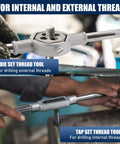 Tap and die threading tool set in gray metal; front view shows die head with bolt, lower view shows tap wrench in use.