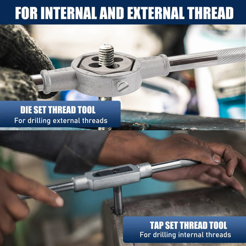 Tap and die threading tool set in gray metal; front view shows die head with bolt, lower view shows tap wrench in use.