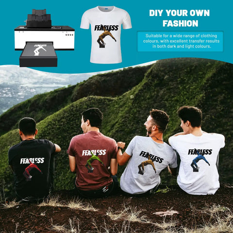 Four people wearing shirts with transfers made using Direct To Film Transfer Paper Kit For Diy Crafters 50 Sheets A4 Size.