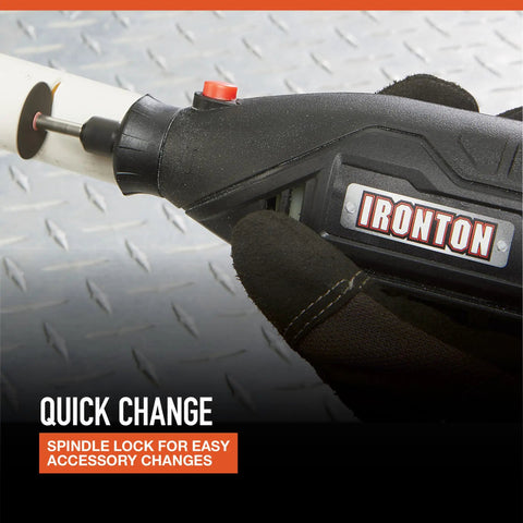 Pro Grade 107 Piece Rotary Multitool Kit With 35000 RPM Variable Speed Dial showing spindle lock for quick accessory changes.