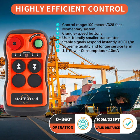 Orange handheld 4-channel crane remote control with six black buttons and a green Start button.