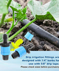 Fifty Piece Drip Irrigation Connector Kit For Five Eighth Inch Drip Tape Tubing, barbed fittings shown in garden setting.