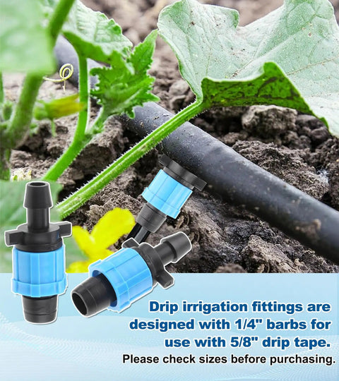 Fifty Piece Drip Irrigation Connector Kit For Five Eighth Inch Drip Tape Tubing, barbed fittings shown in garden setting.