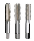M10 X 1.5 Carbon Steel Tap Set Workhorse Three Piece Hand Threading Kit showing taper, plug, and bottoming taps