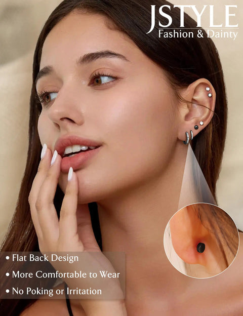 Flat Back Hypoallergenic Black Earrings For Women Made From 316L Stainless Steel Allergy Safe Nickel Free Lead Free No Irritation No Tarnish No Rust Vacuum Plated For Sensitive Ears Stackable Everyday Wear, model wearing studs and hoops