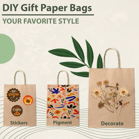 100 Pack Kraft Paper Gift Bags With Handles, Medium Brown 8x4.25x10.25 Inch Recycled Kraft Bags with DIY designs
