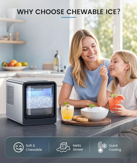 Countertop Nugget Ice Maker With Auto Water Refill Makes Legit Chewable Flake Ice In Four Minutes, people enjoying drinks with ice.